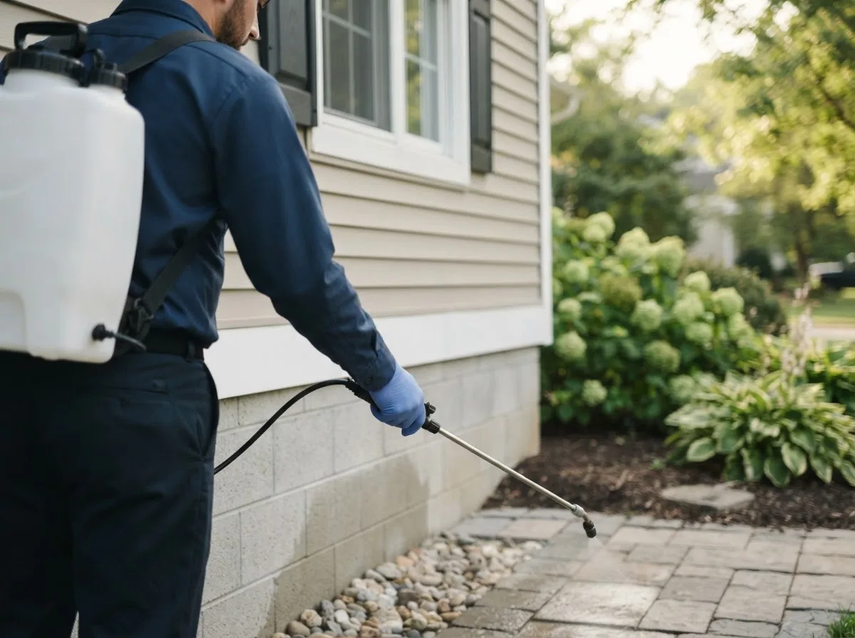 Pest control technician inspecting a home in Bennington, OK
